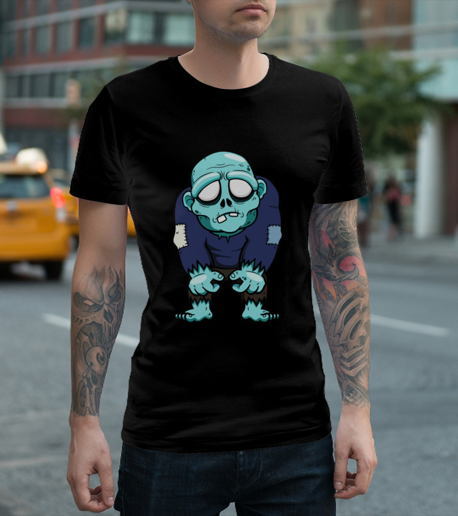 Zombie Creepy Blue Cartoon Character With Patches T-Shirt