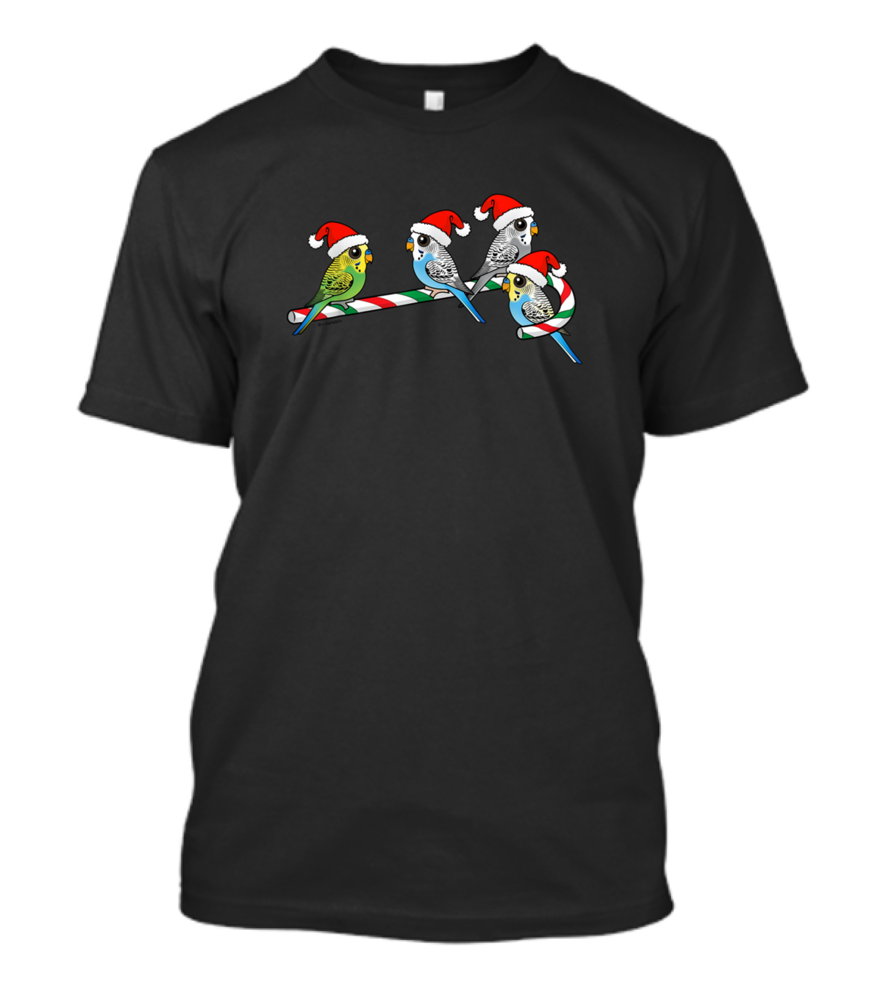 Santa Claus Budgies Balancing On Festive Christmas Candy Cane T-Shirt