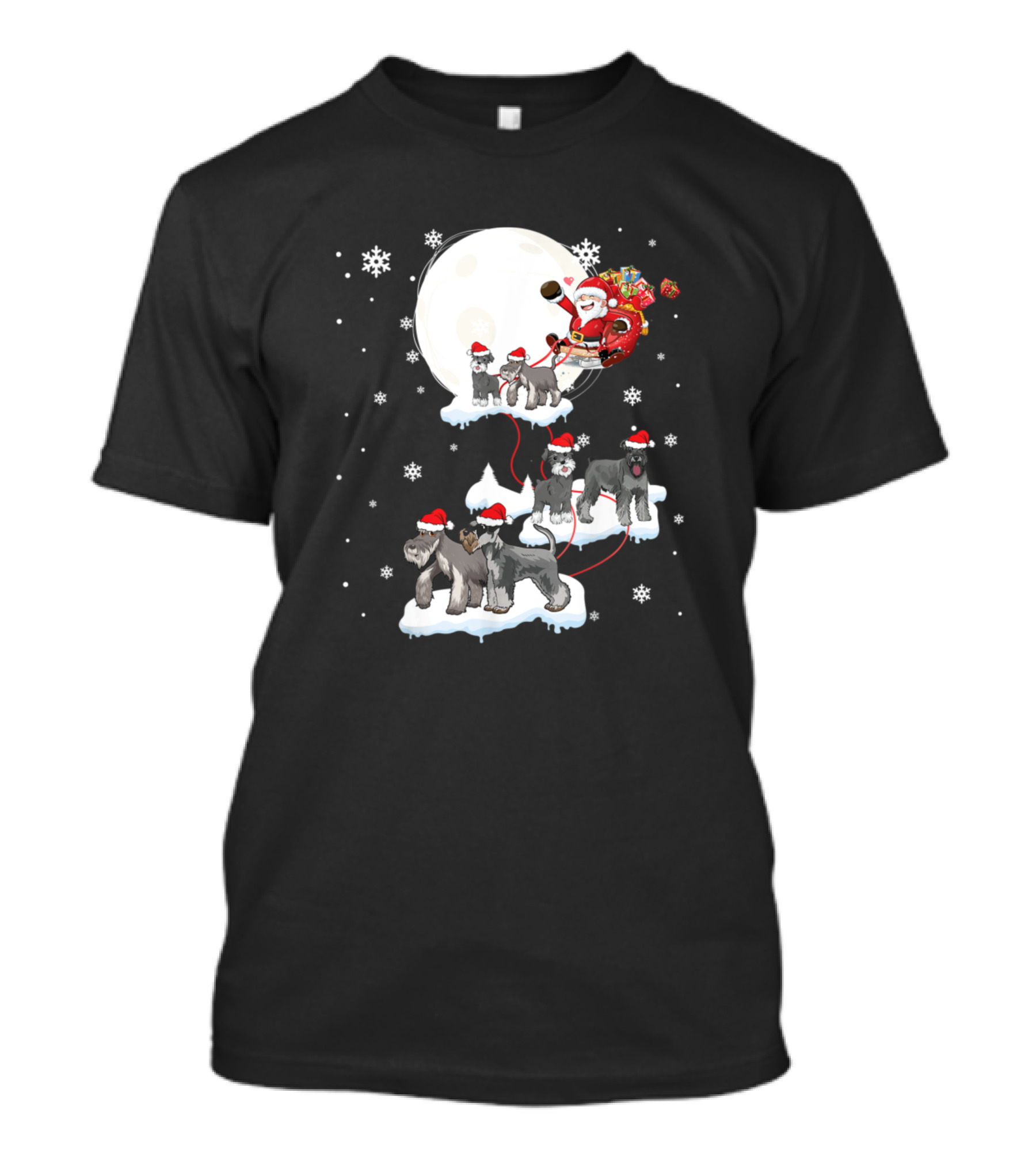Santa Claus Sleigh Pulled By Festive Miniature Schnauzer Dogs Under The Moonlight T-Shirt