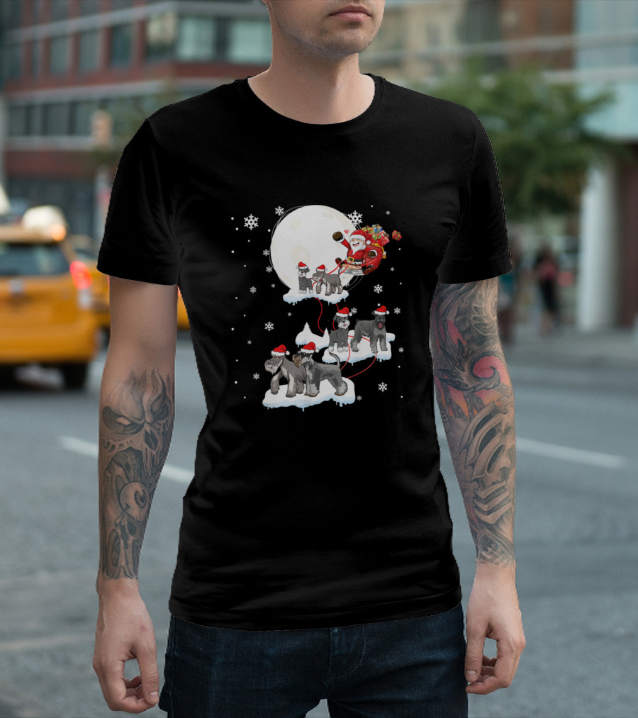 Santa Claus Sleigh Pulled By Festive Miniature Schnauzer Dogs Under The Moonlight T-Shirt