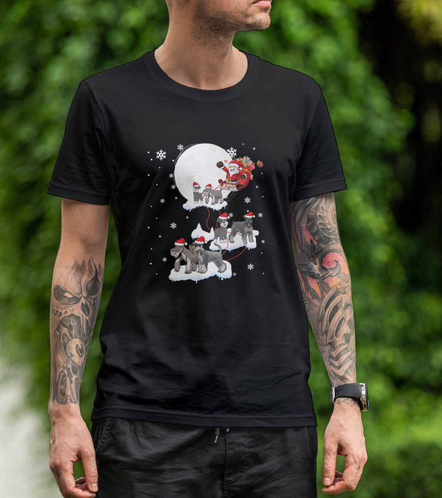 Santa Claus Sleigh Pulled By Festive Miniature Schnauzer Dogs Under The Moonlight T-Shirt
