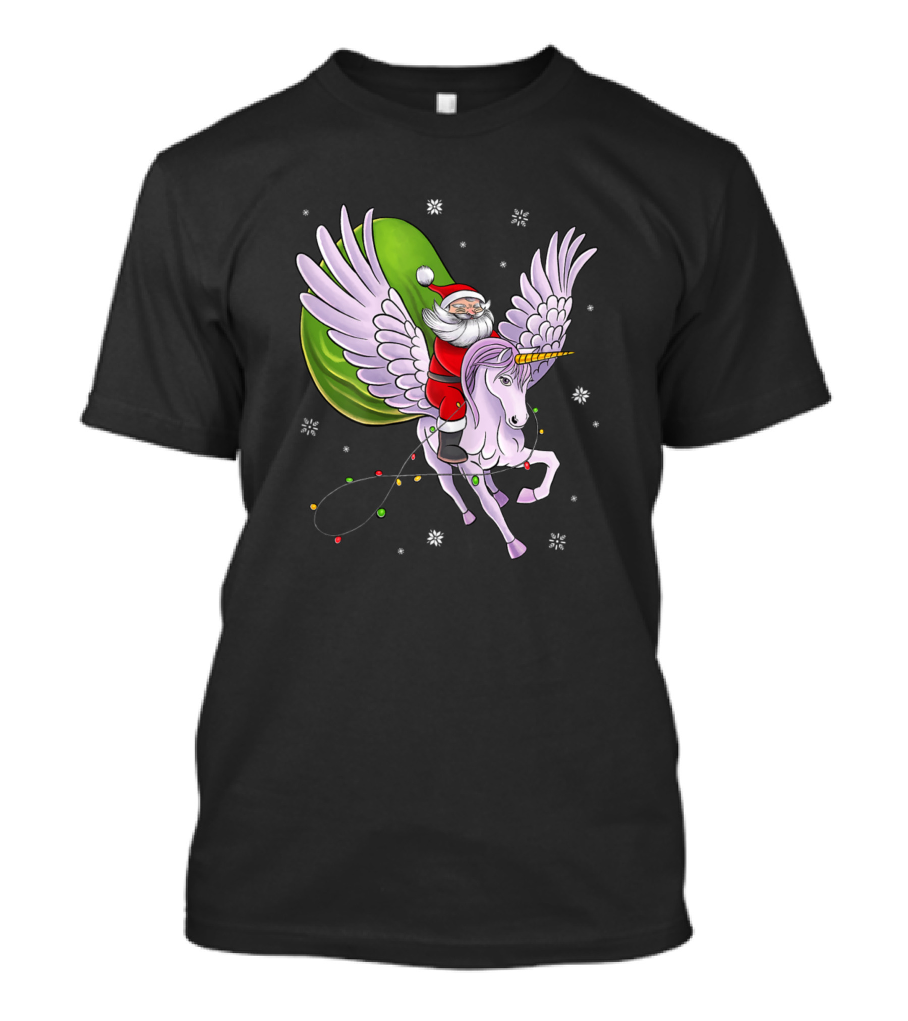 Santa Riding Unicorn Christmas Lights Snowflakes T-Shirt