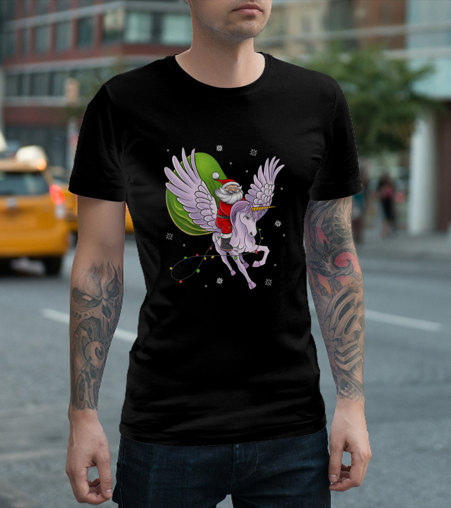 Santa Riding Unicorn Christmas Lights Snowflakes T-Shirt