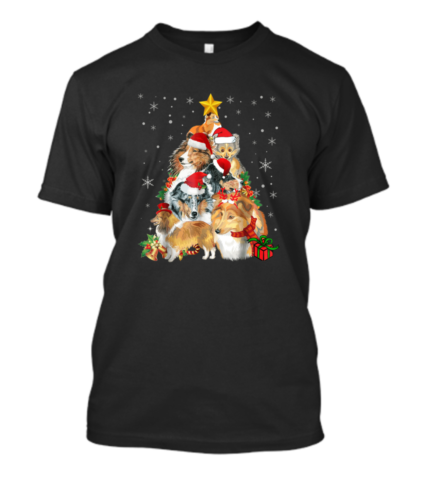 Sheltie Christmas Tree Xmas With Santa Hats And Presents T-Shirt