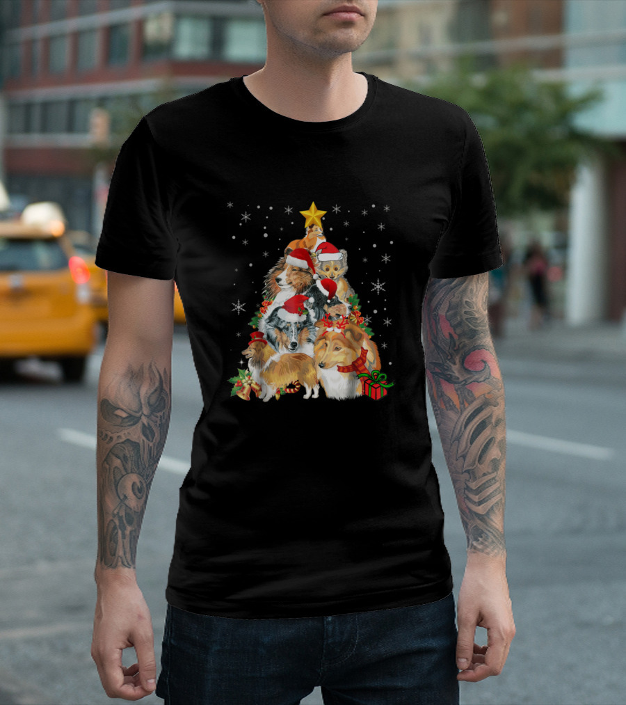 Sheltie Christmas Tree Xmas With Santa Hats And Presents T-Shirt