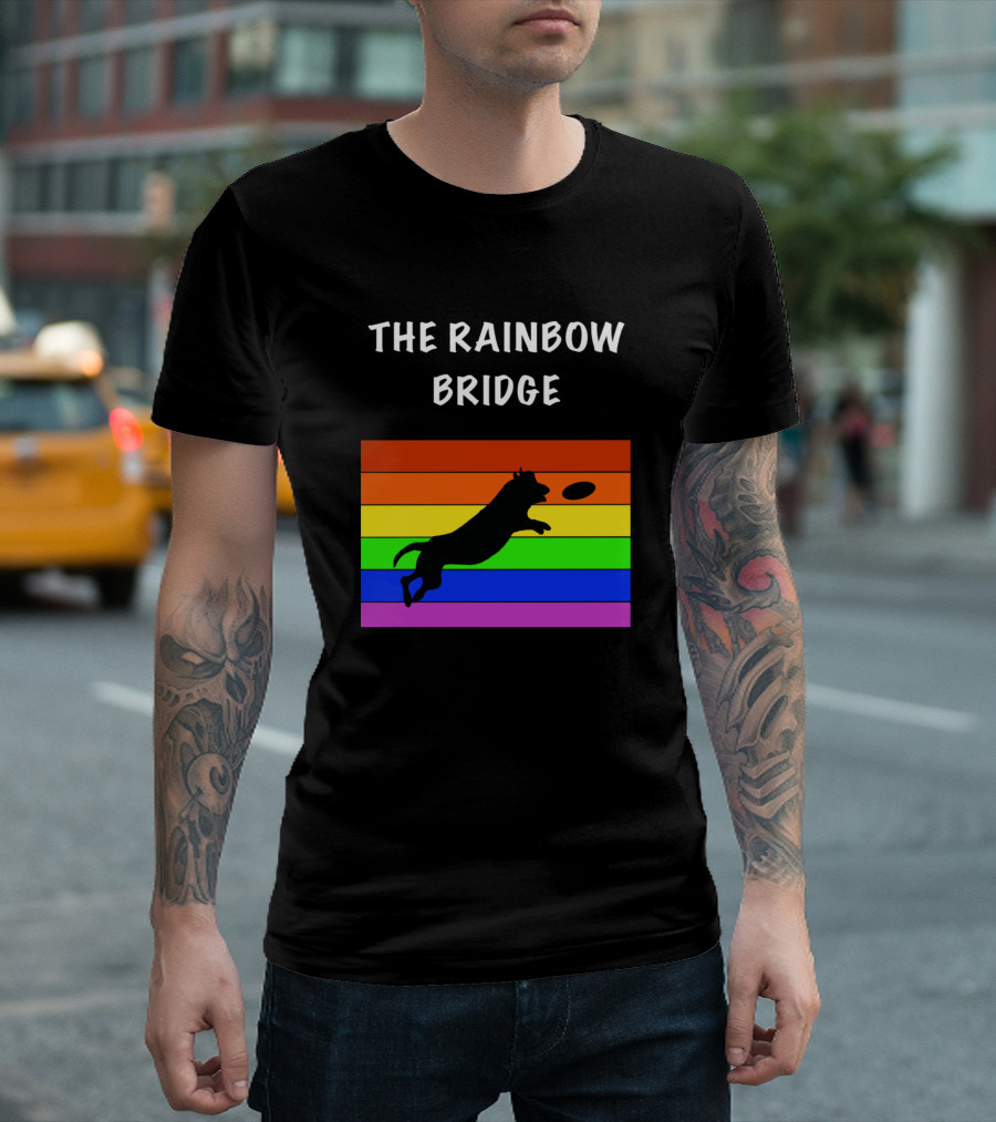 The Rainbow Bridge Dog Silhouette with Frisbee on Rainbow Stripes T-Shirt
