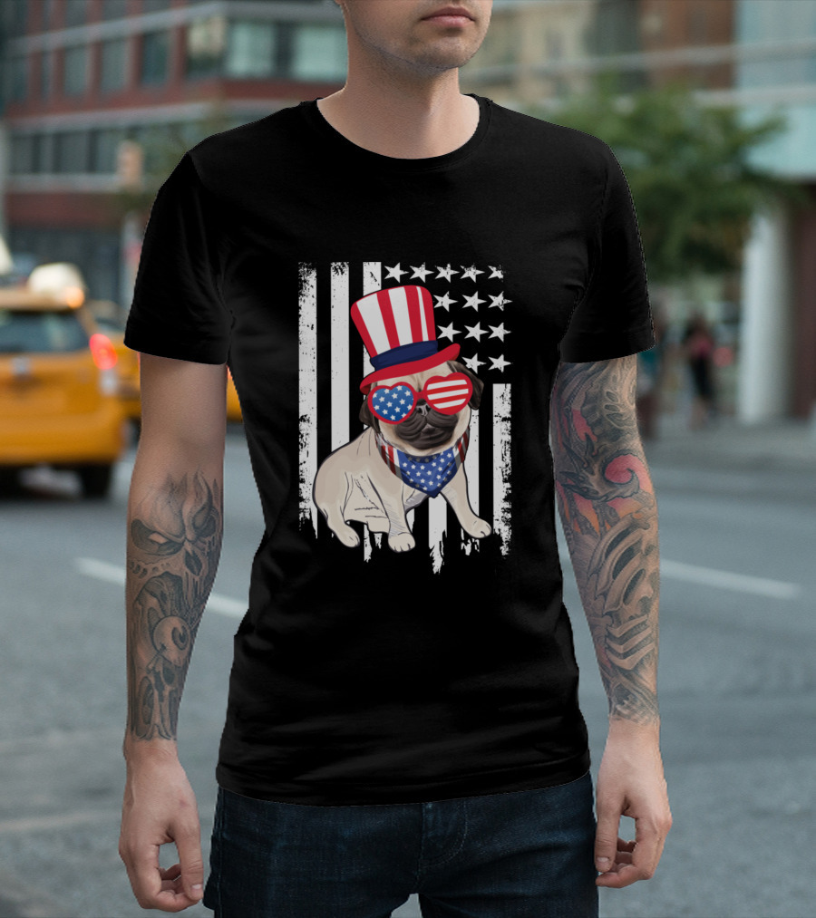 Veteran Day Patriotic Pug American Flag Hat And Glasses T-Shirt