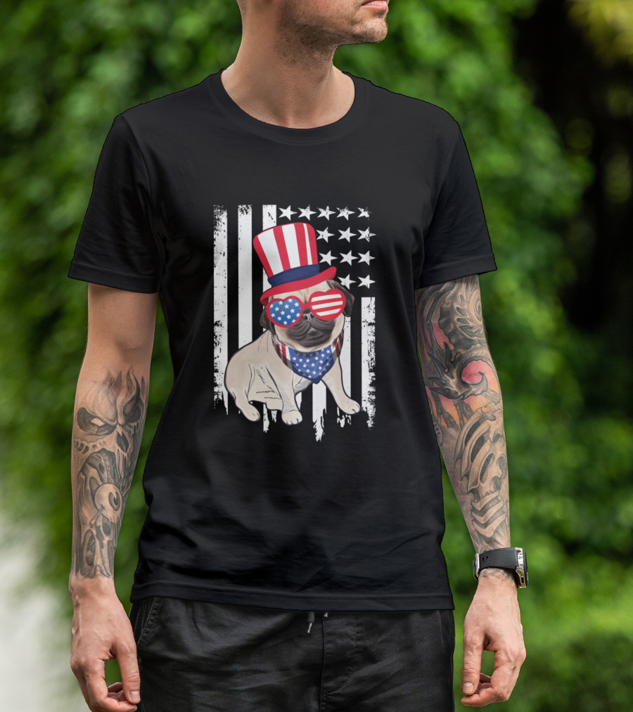 Veteran Day Patriotic Pug American Flag Hat And Glasses T-Shirt