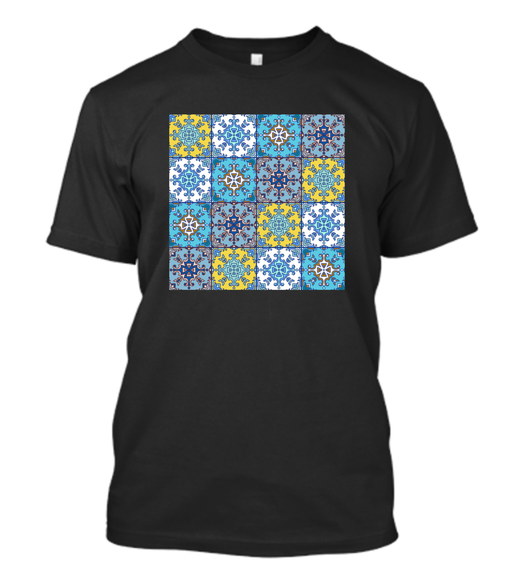 Azulejo Tile Blue Yellow Pattern Block T-Shirt