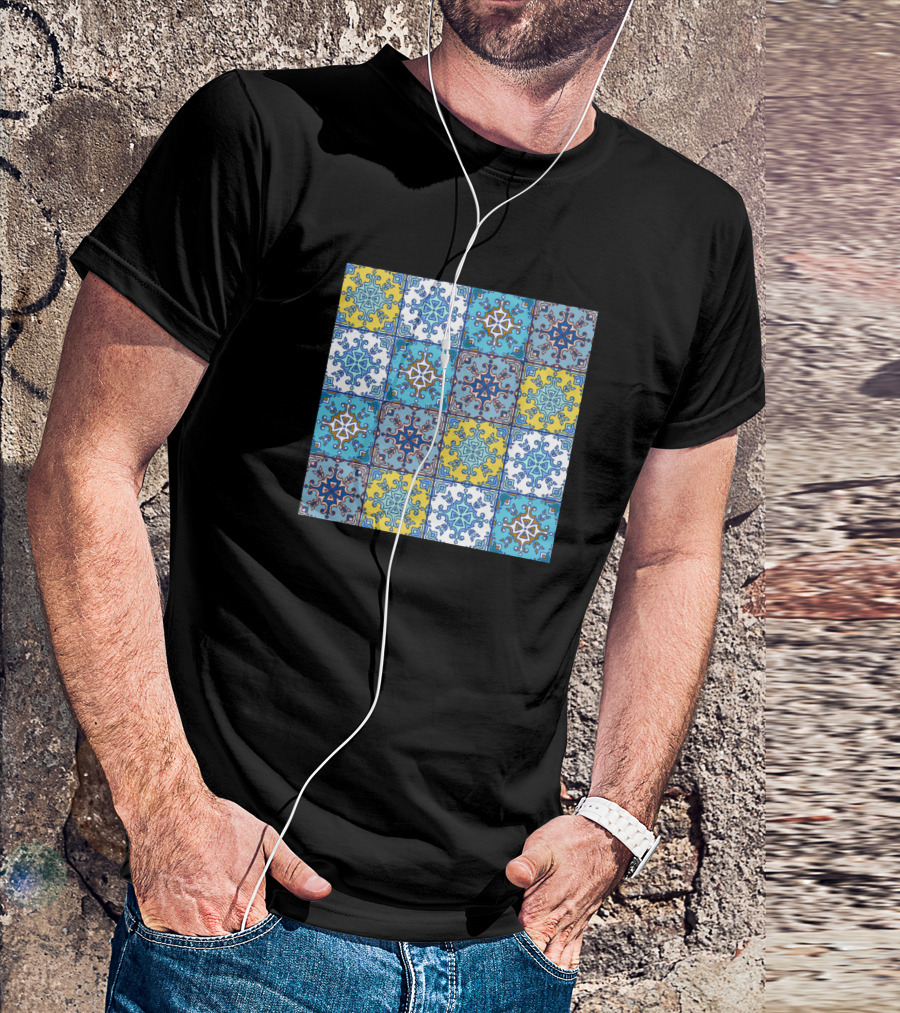 Azulejo Tile Blue Yellow Pattern Block T-Shirt