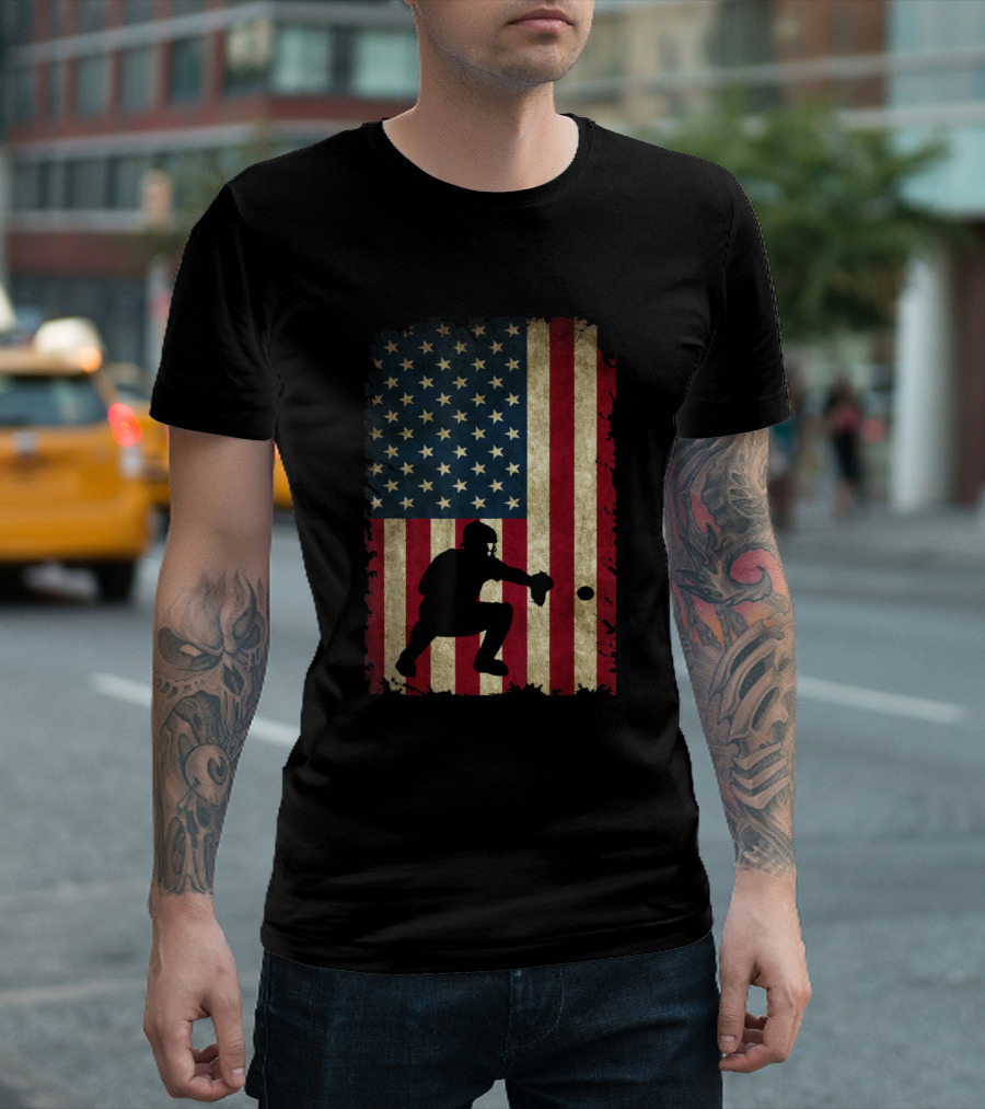 Baseball Catcher's Gear American Flag Sports T-Shirt