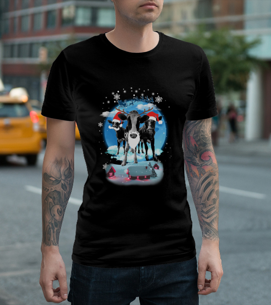 Cow Family Christmas Night on the Cloud with Santa Cows and Snowflakes T-Shirt
