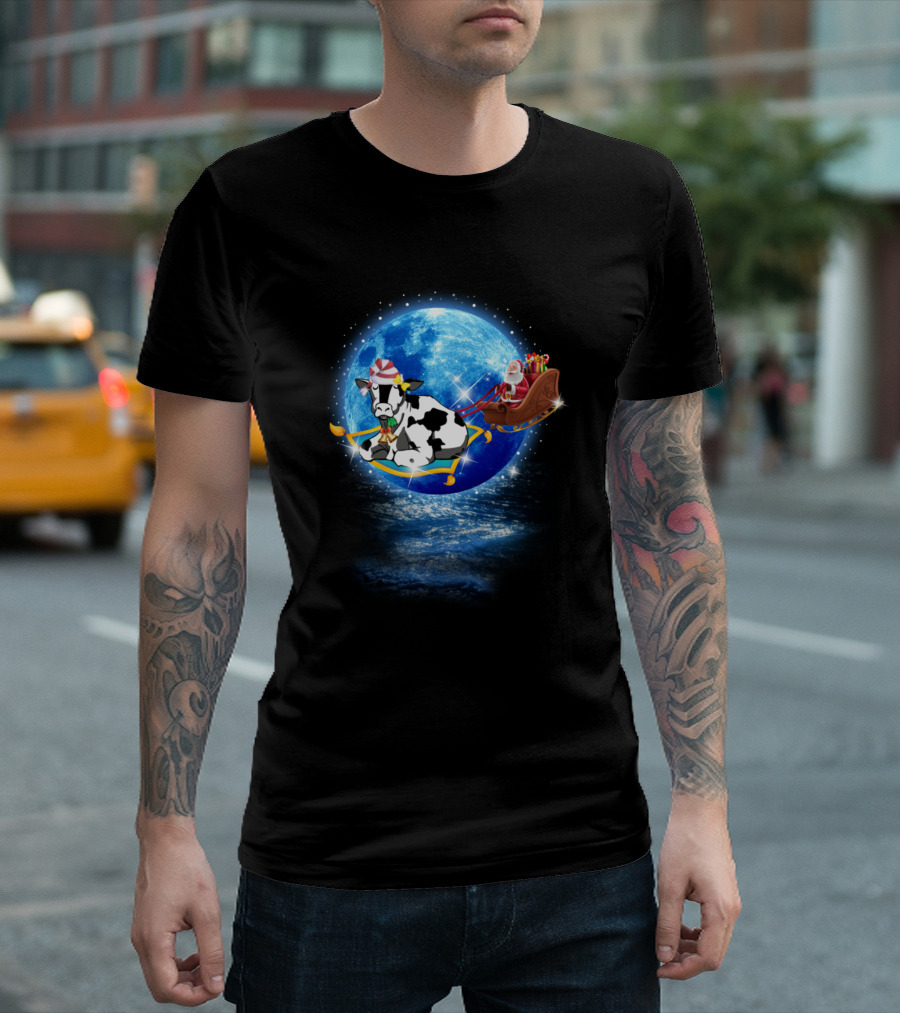 Cow Flying Carpet Santa Sleigh in the Christmas Night T-Shirt