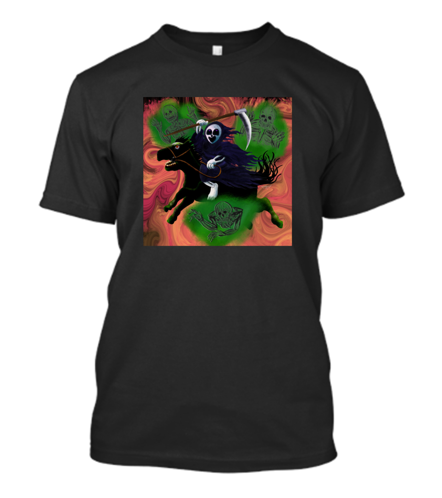 Death On Horsey Reaper Riding Black Horse With Green Skeletons T-Shirt