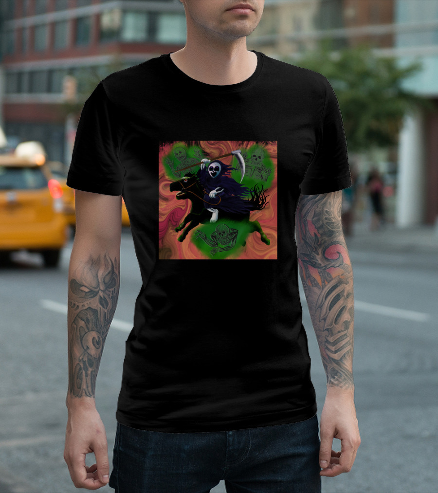 Death On Horsey Reaper Riding Black Horse With Green Skeletons T-Shirt