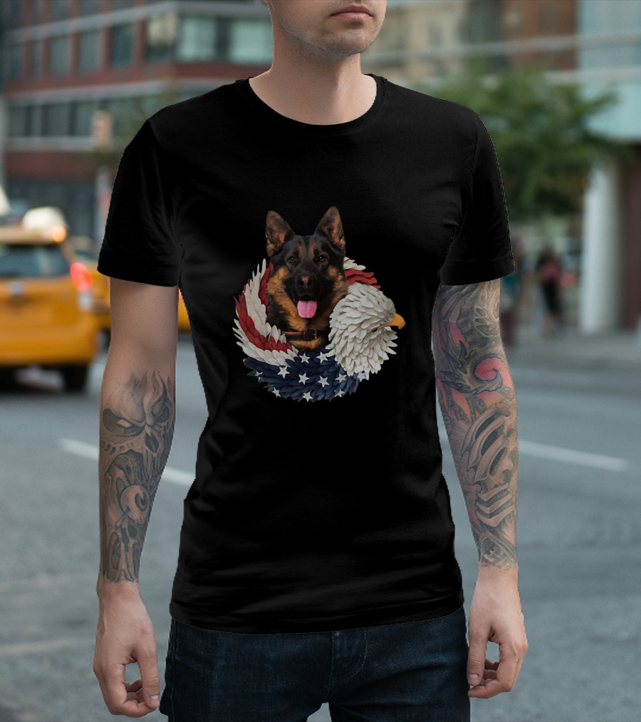 German Shepherd Puppy with American Flag and Bald Eagle Imagery God Bless America T-Shirt