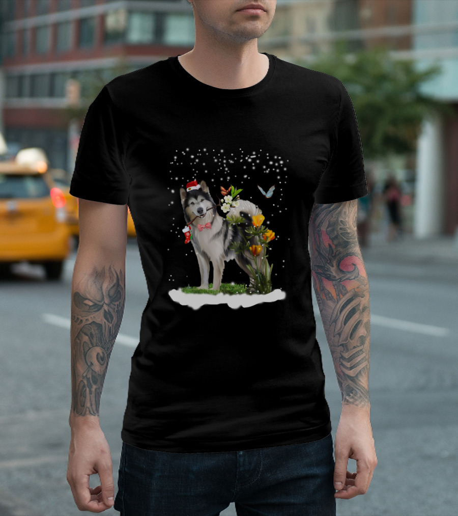 Husky Dog with Christmas Hat and Spring Flowers Puppy Pet T-Shirt