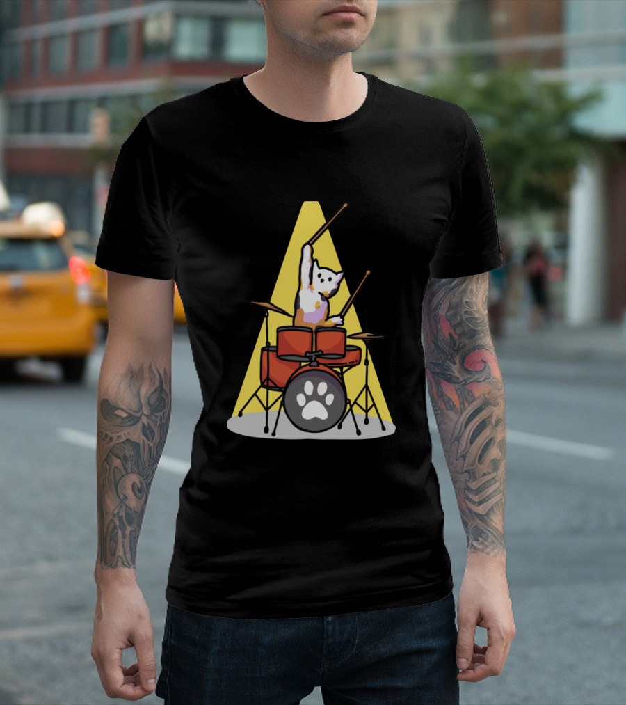 Drummer Kitten Playing Drum Set in Spotlight with Paw Print Bass Drum T-Shirt