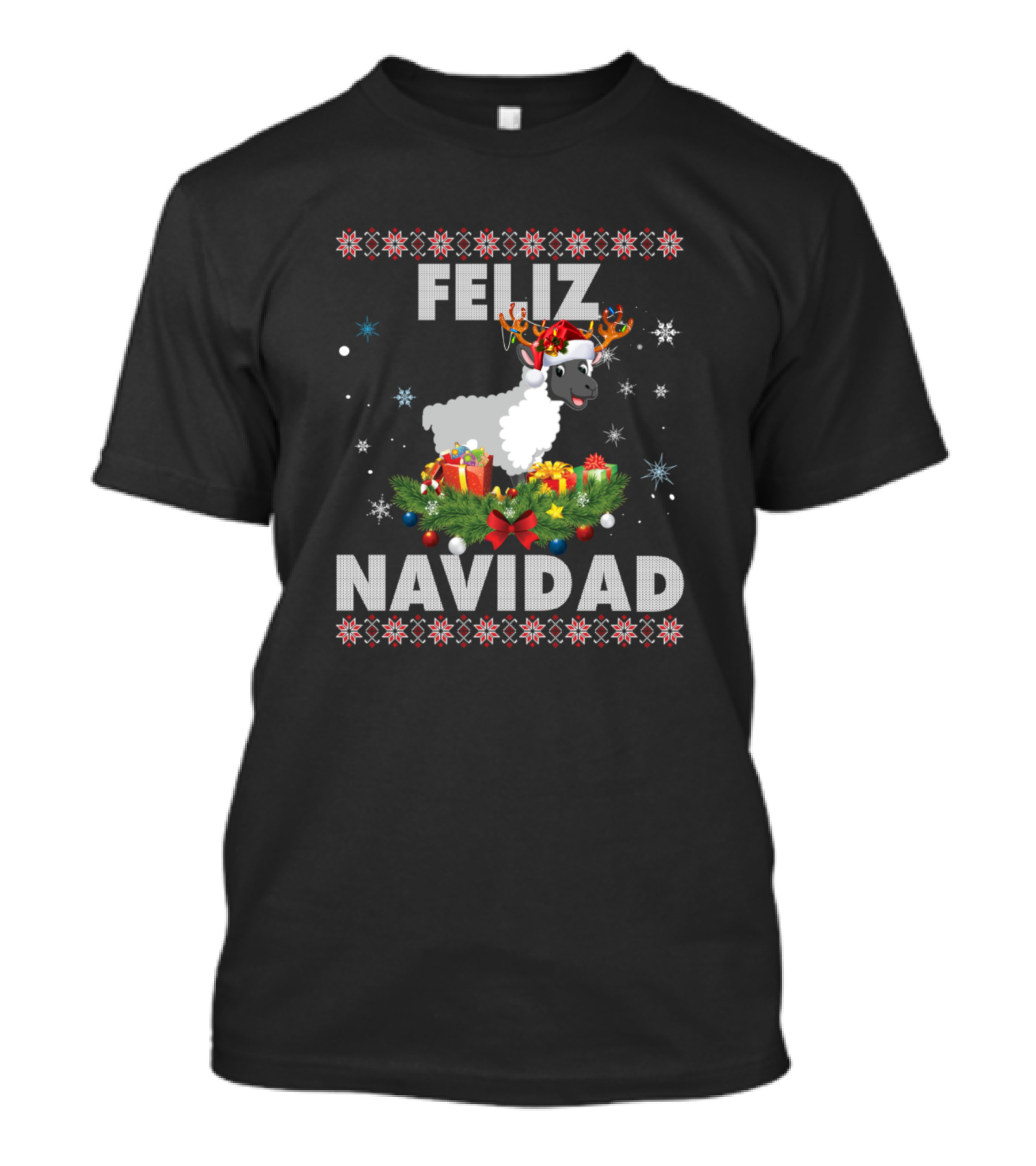 Feliz Navidad Sheep Christmas Reindeer Antlers Wreath Presents T-Shirt