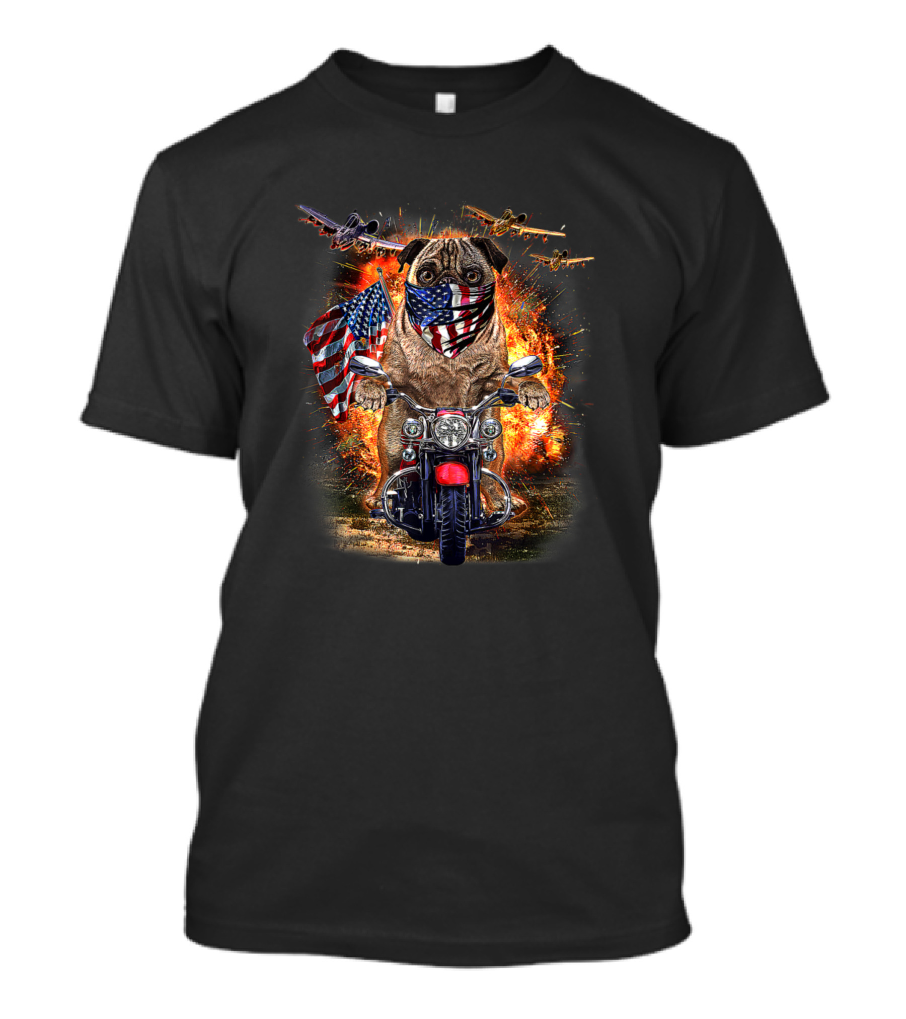 Grumpy Pug Motorcycle Ride With American Bandana And Explosions T-Shirt