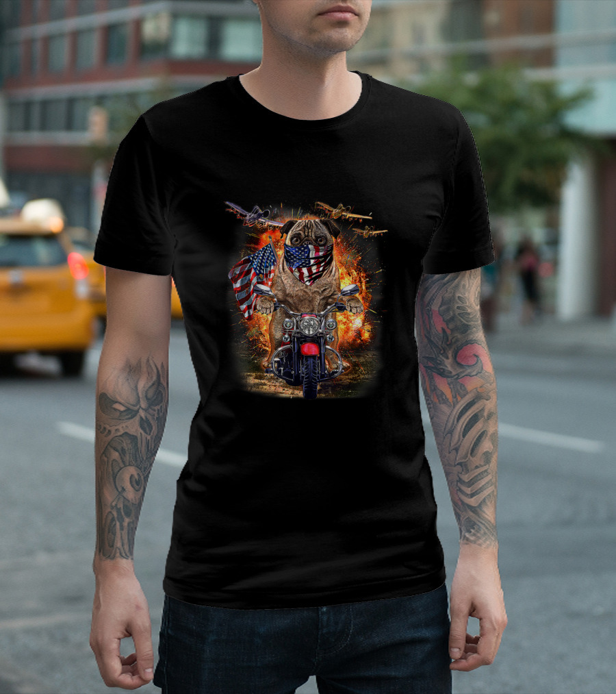 Grumpy Pug Motorcycle Ride With American Bandana And Explosions T-Shirt