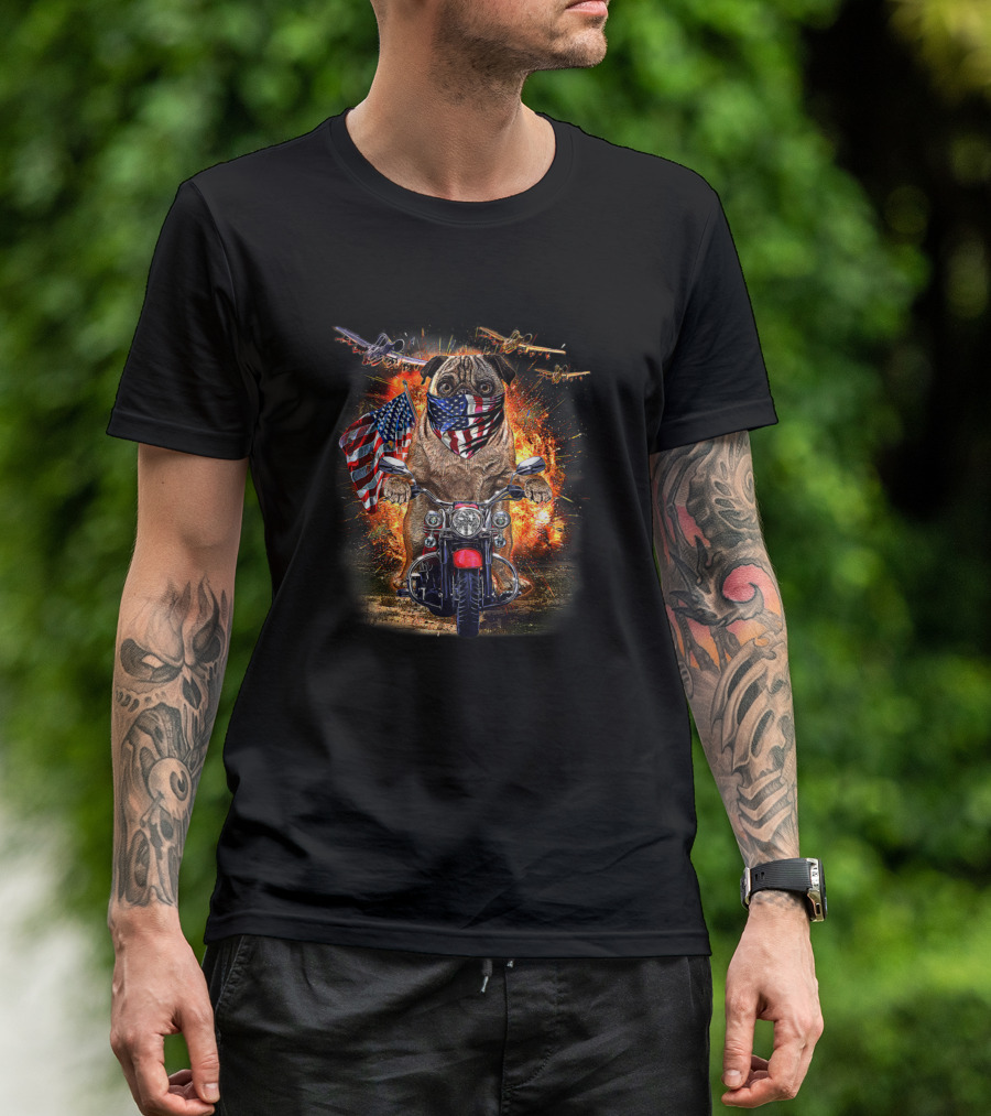 Grumpy Pug Motorcycle Ride With American Bandana And Explosions T-Shirt