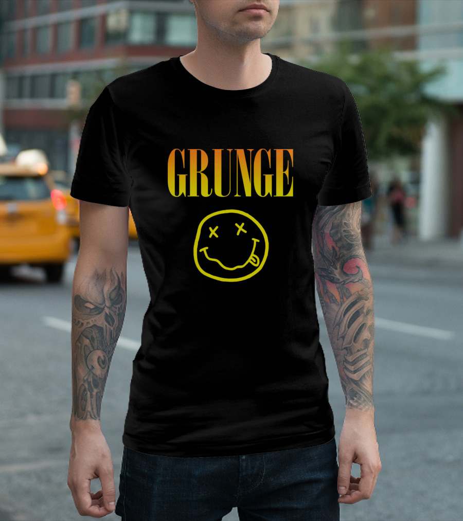 Grunge Smile Icon with Yellow Face and Cross Eyes T-Shirt