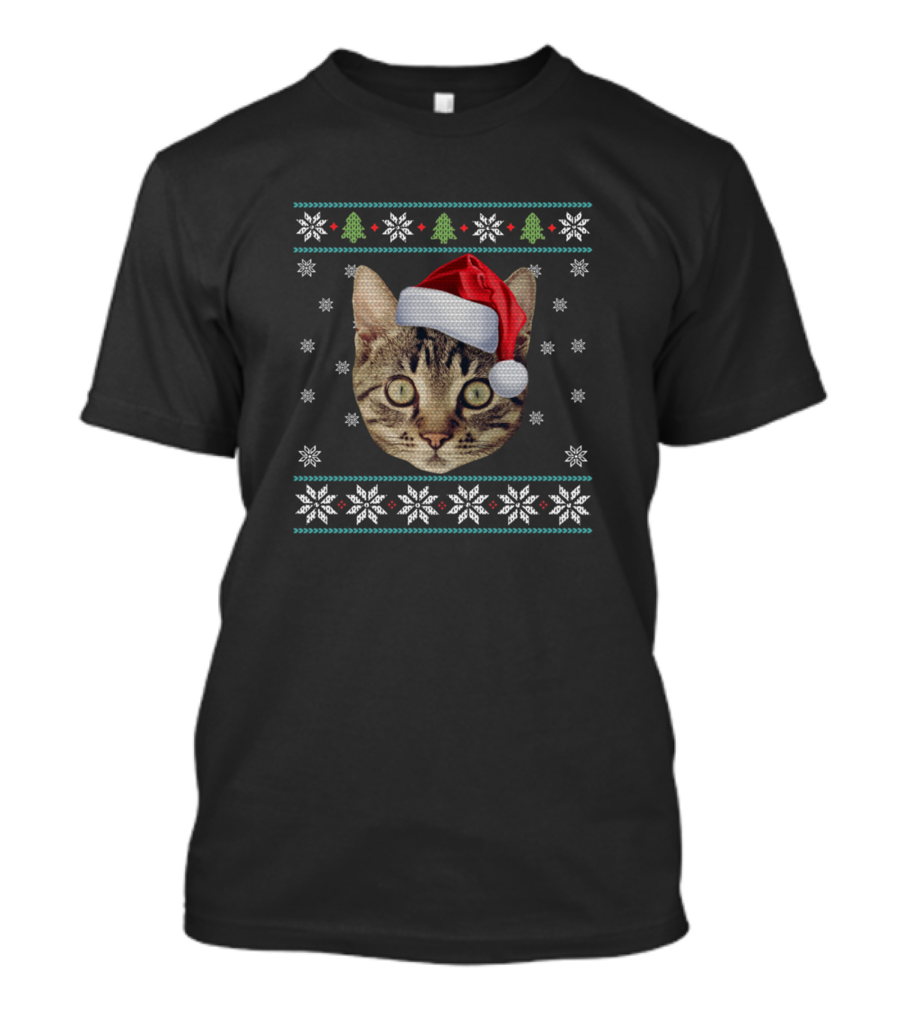 Merry Christmas American Shorthair Cat Santa Hat Snowflakes Trees T-Shirt