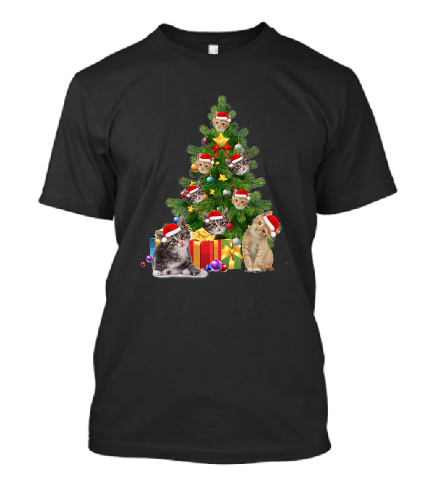 Munchkin Cat Christmas Tree With Santa Hat Kittens And Holiday Decor T-Shirt