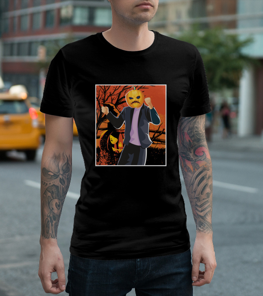 Pumpkin Mask Halloween Trick Or Treat Horror Creepy Woods Scene T-Shirt