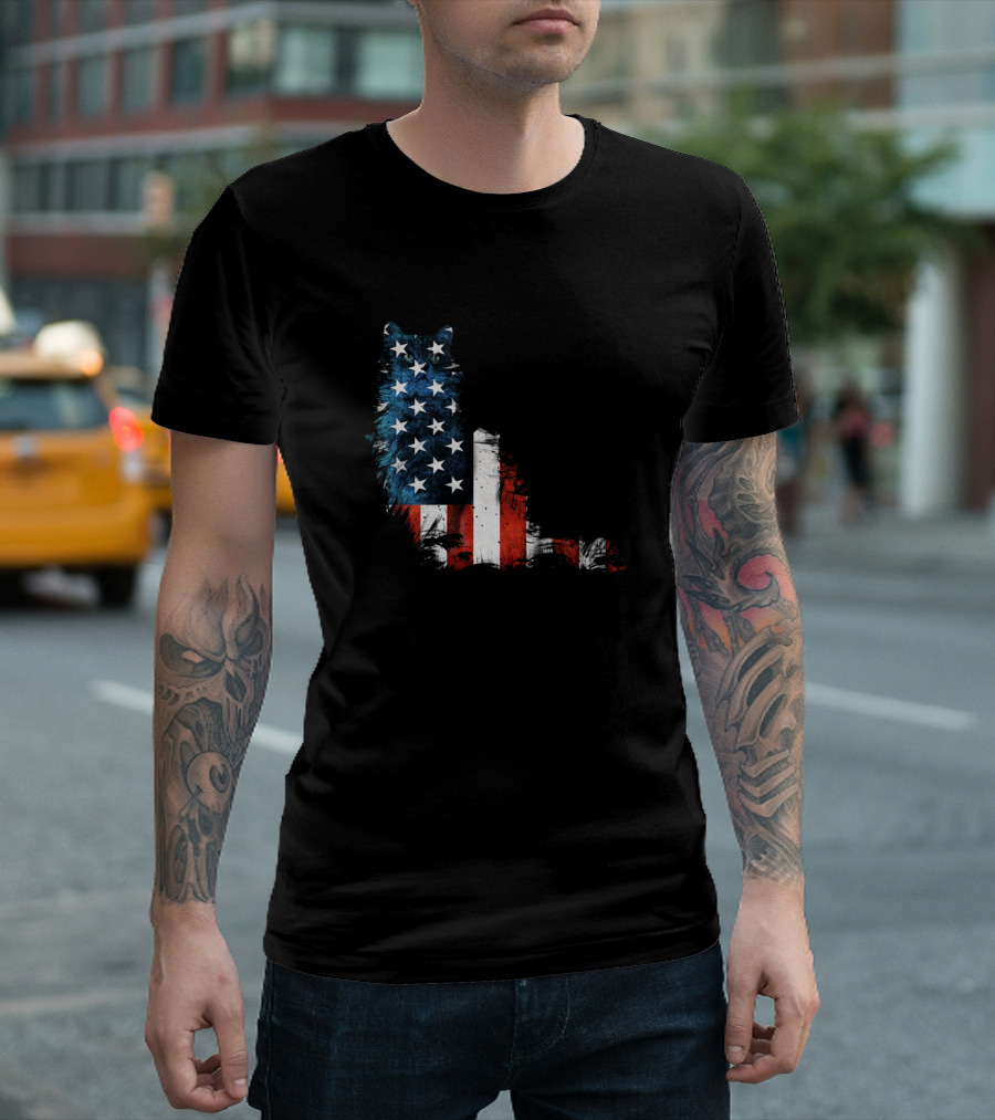 Usa American Flag Memorial 4Th July Cat Silhouette T-Shirt