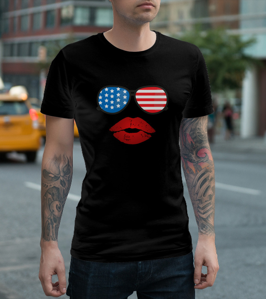 Patriotic USA Stars Stripes Sunglasses Red Lips Fourth Of July T-Shirt