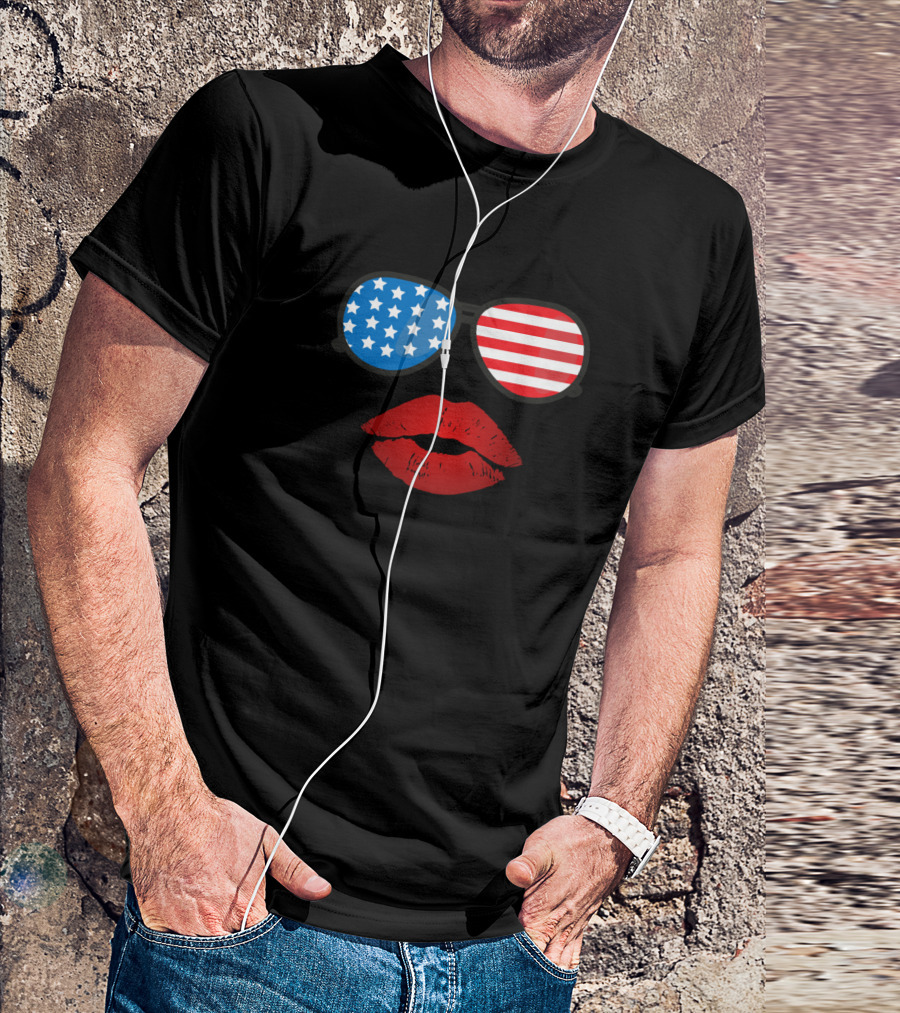 Patriotic USA Stars Stripes Sunglasses Red Lips Fourth Of July T-Shirt