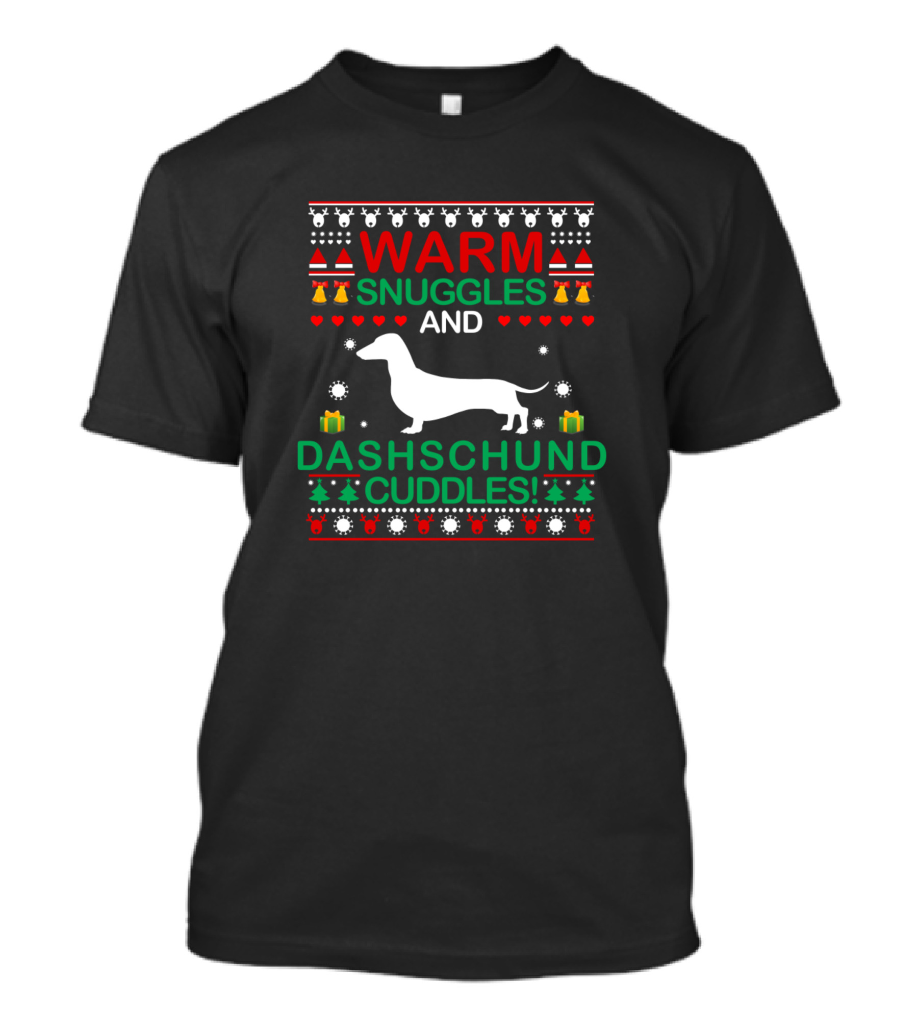 Warm Snuggles And Dachschund Cuddles Festive Christmas Bells And Gifts T-Shirt