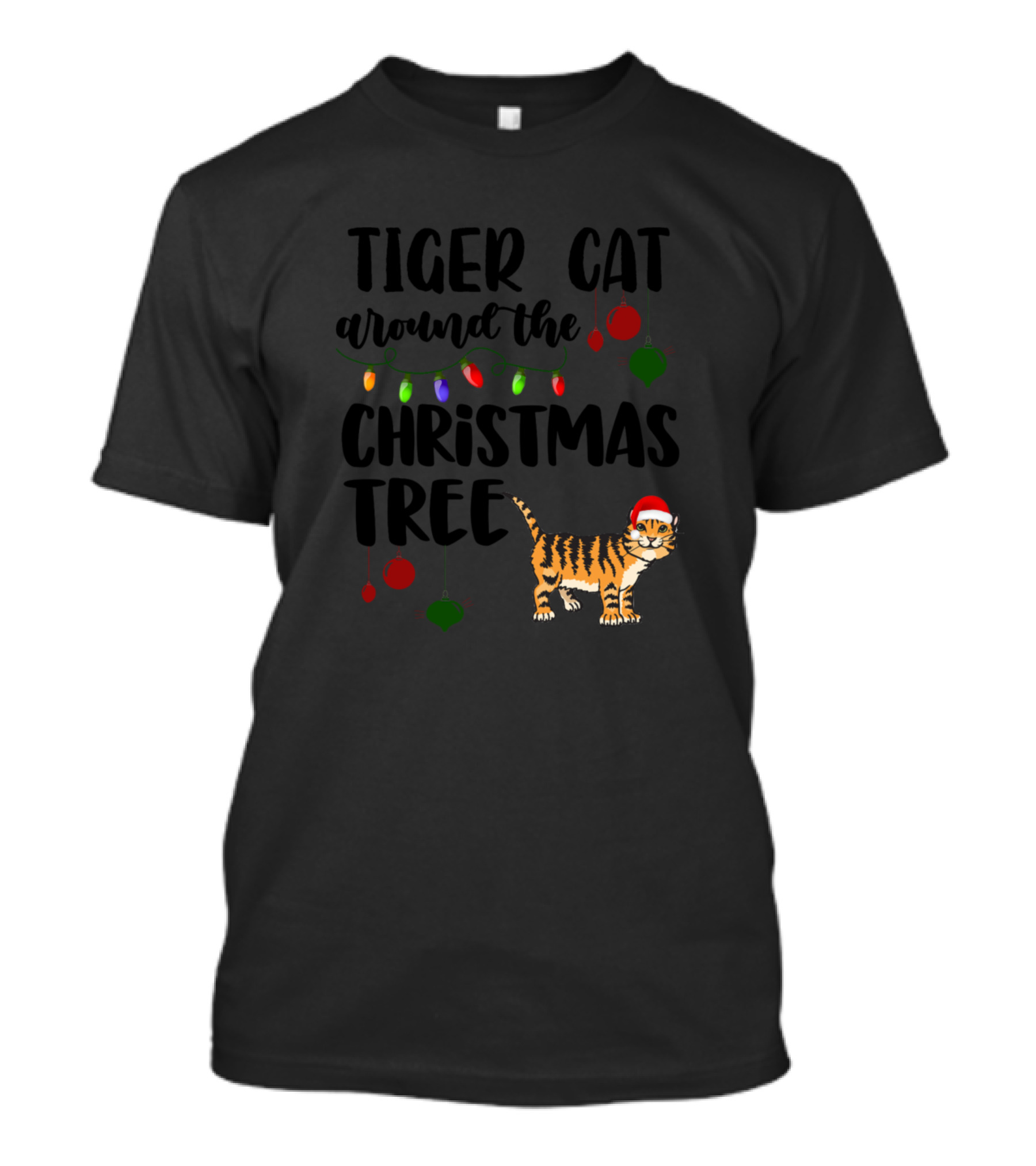 Tiger Cat Around The Christmas Tree With Lights And Ornaments T-Shirt