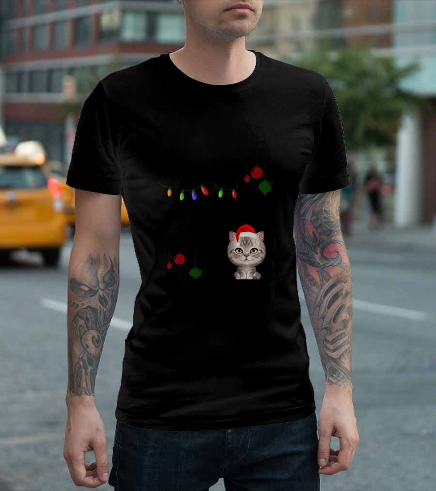 Tiger Tabby Around the Christmas Tree with Santa Hat and Ornaments T-Shirt