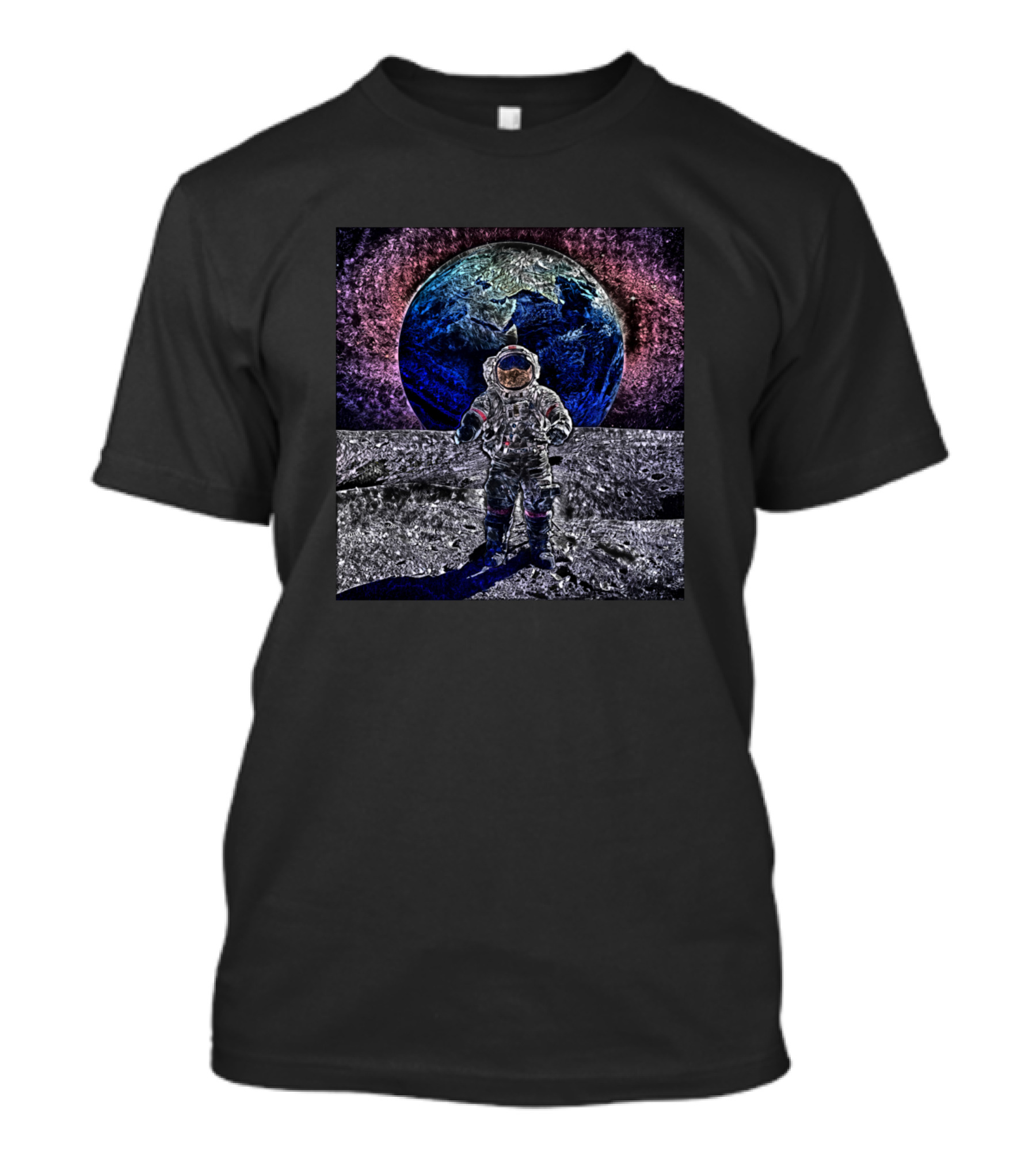 Astronaut Standing On Lunar Surface With Earth In Cosmic Background T-Shirt