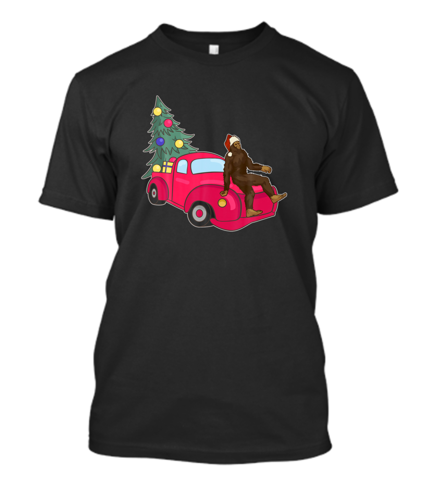 Bigfoot Santa Hat With Christmas Tree And Red Truck T-Shirt