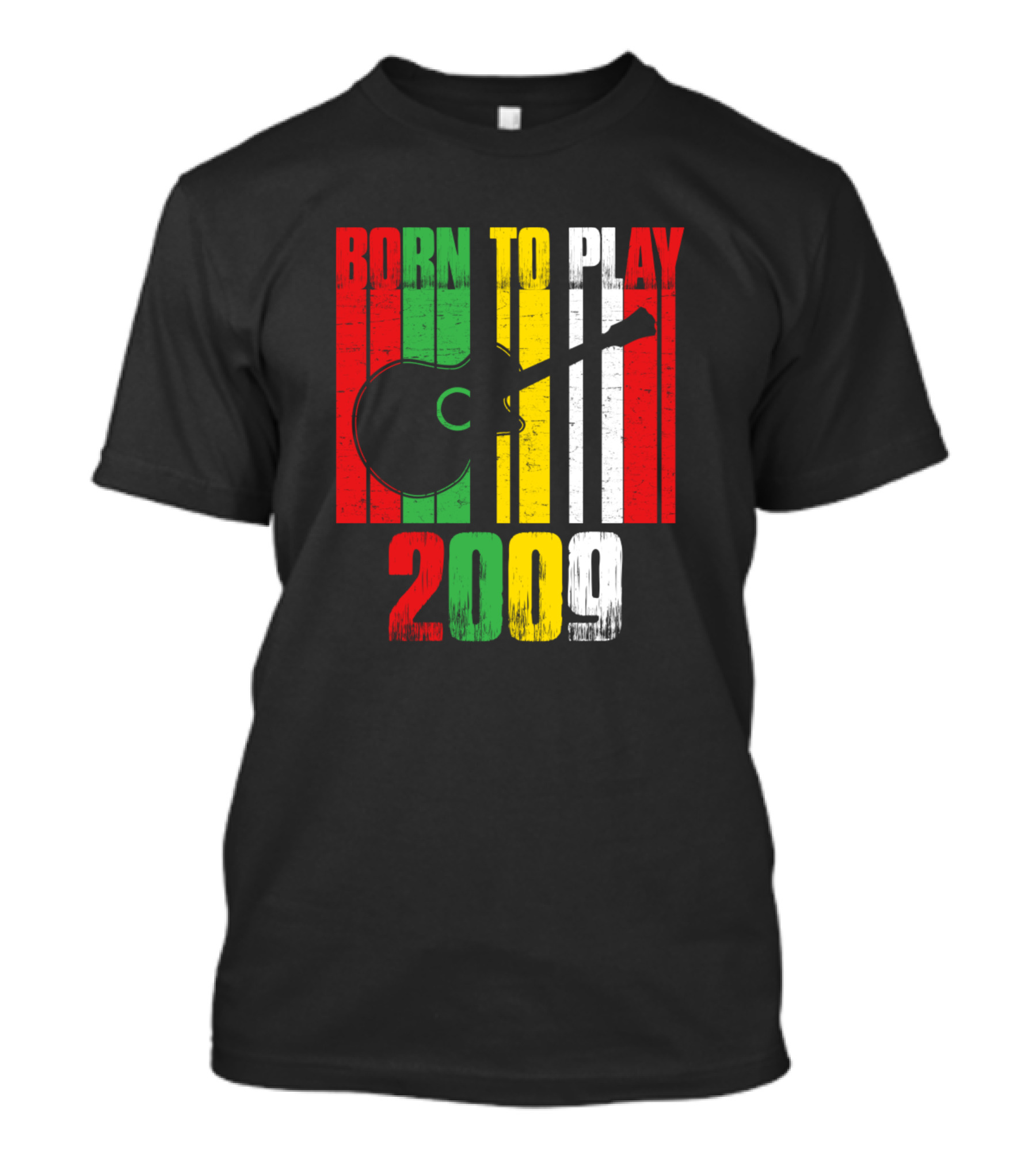 Born To Play Guitar 2009 Vintage Guitar Silhouette With Red Green Yellow Stripes T-Shirt