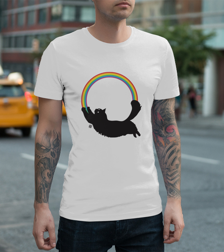 Cat Reaching for the Rainbow Kitten Kitty Silhouette with Vibrant Colors T-Shirt
