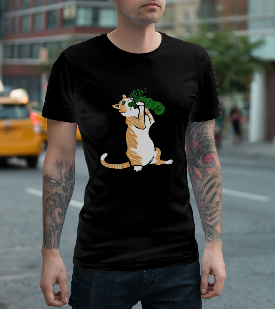Red Tabby Cat Playing with Green Yarn Kitten Kitty T-Shirt