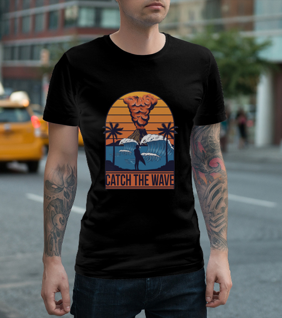 Catch The Wave Tropical Volcano Surf Adventure Scene T-Shirt