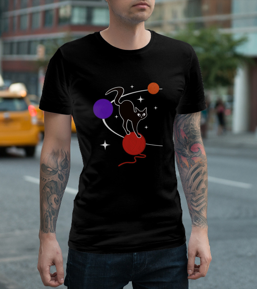 Halloween Space Cat on Yarn Planets with Stars Solar System T-Shirt