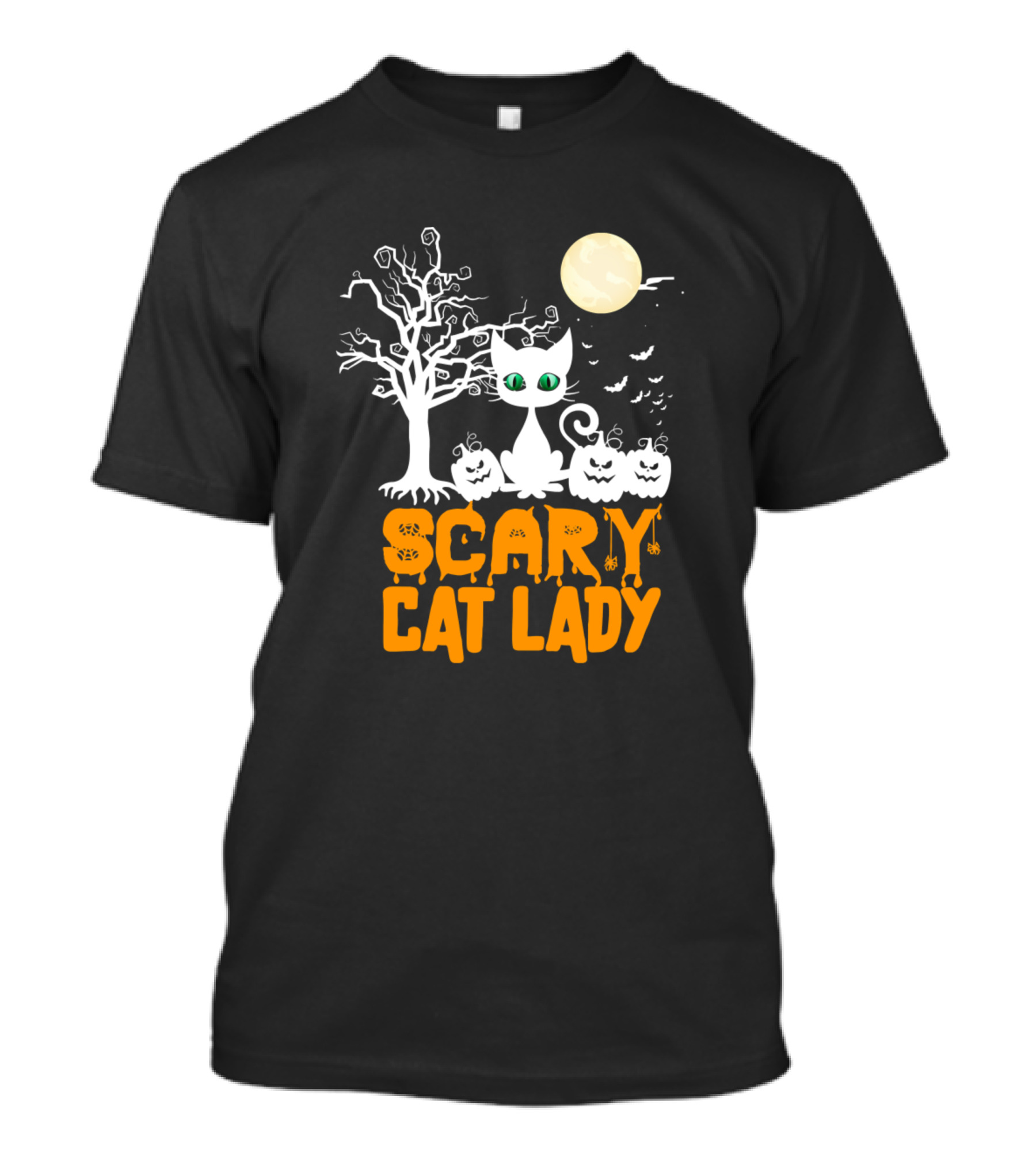 Scary Cat Lady Halloween Moon Cat And Pumpkins T-Shirt