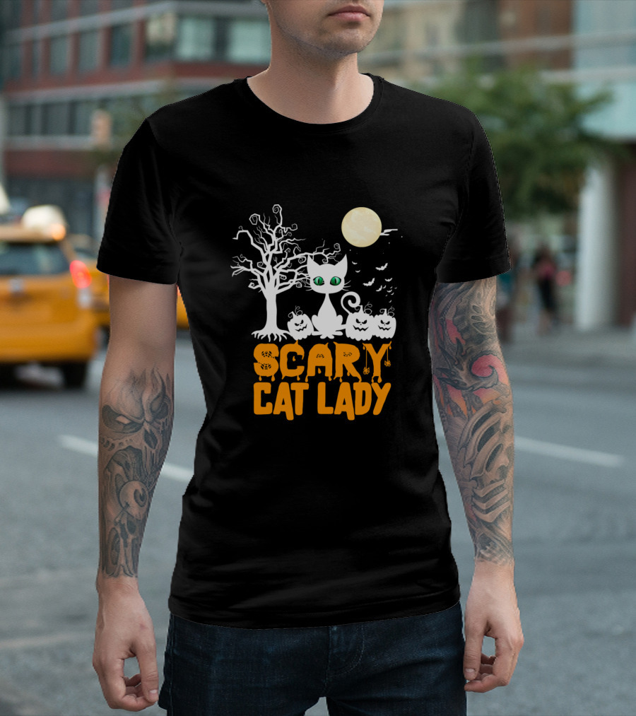 Scary Cat Lady Halloween Moon Cat And Pumpkins T-Shirt