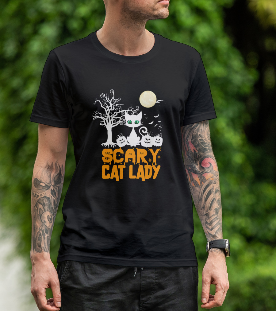 Scary Cat Lady Halloween Moon Cat And Pumpkins T-Shirt