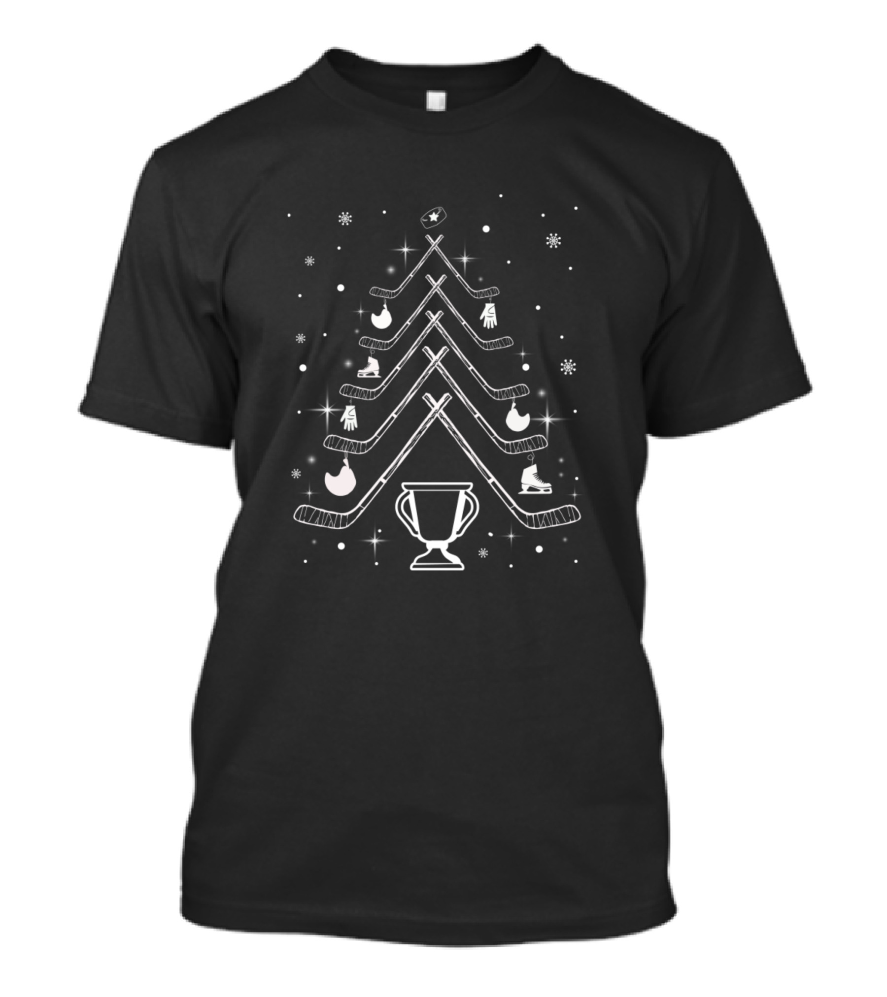 Christmas Hockey Tree With Sticks, Pucks, Skates, Gloves, And Trophy T-Shirt