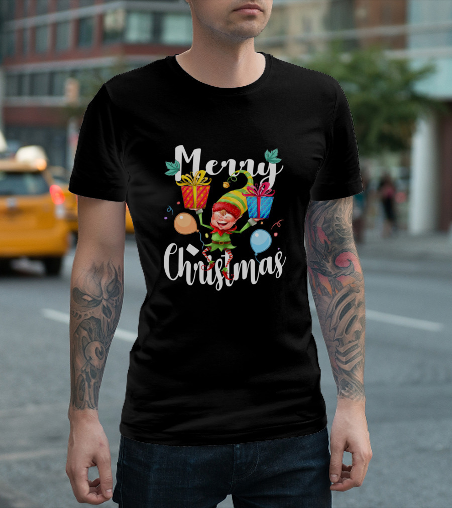 Merry Christmas Cute Elf with Presents and Balloons T-Shirt