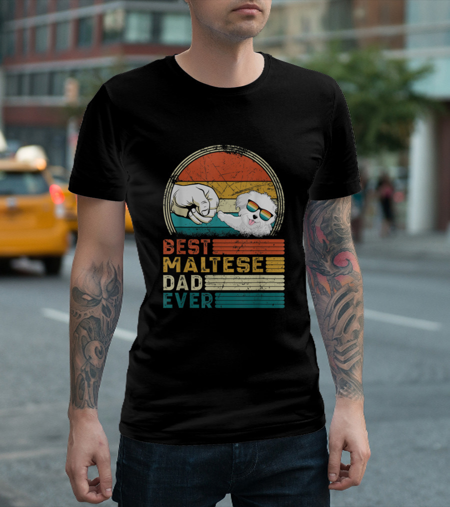 Best Maltese Dad Ever Distressed Retro Fist Bump With Cool Dog Sunglasses T-Shirt