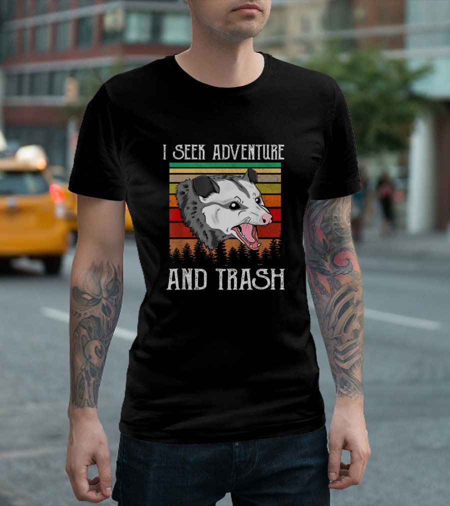 I Seek Adventure And Trash Funny Opossum Retro Forest T-Shirt